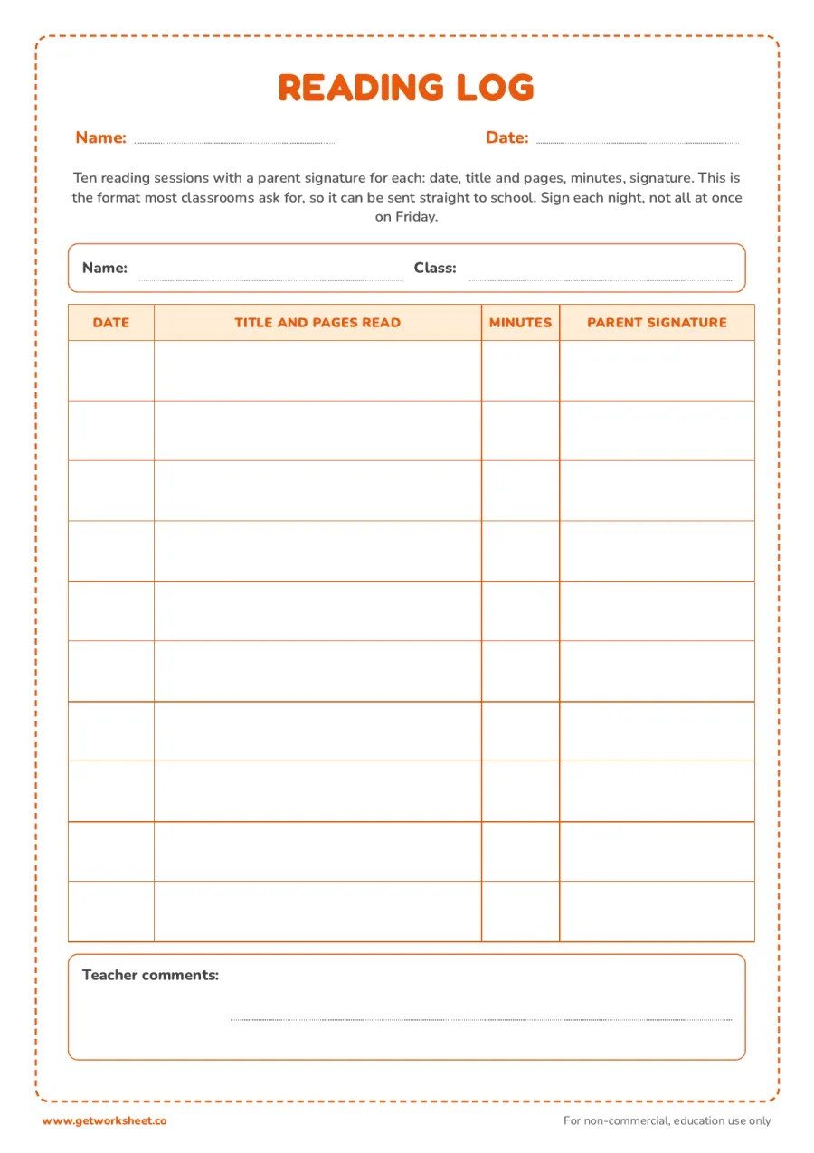 Reading log with parent signature: 10 sessions – free printable PDF worksheet, page 1 preview (8 free reading log printables)