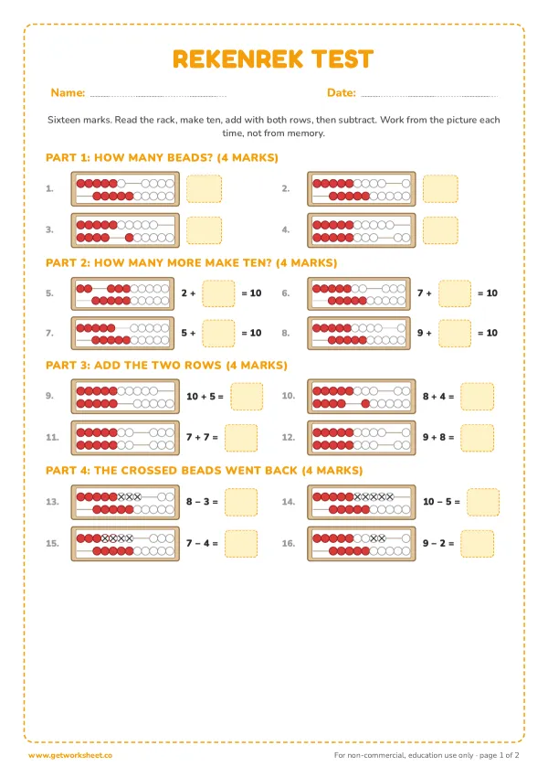 Rekenrek test, 16 marks, page 1 preview