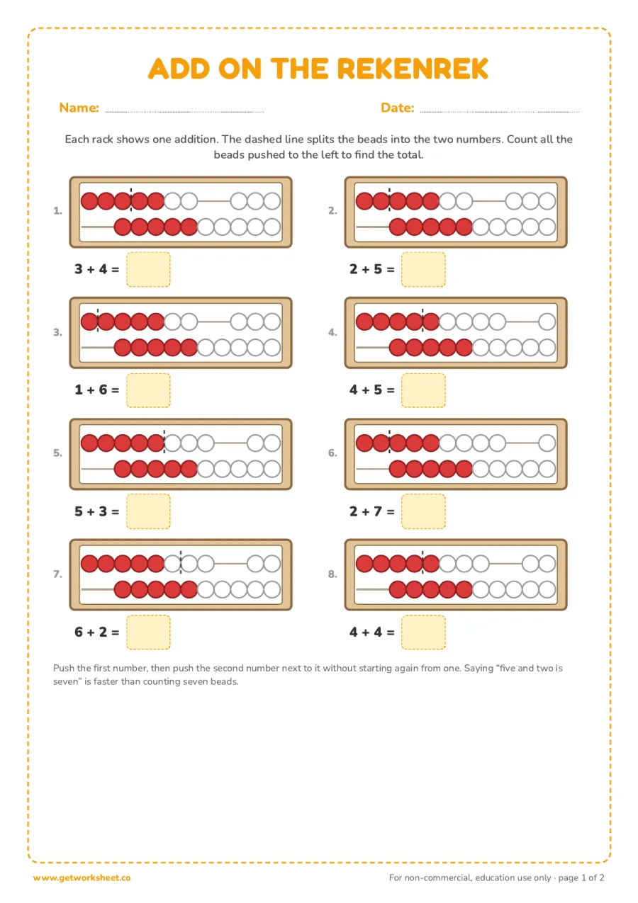 Addition within 10 on the rekenrek (answer key) Addition within 10 on the rekenrek (answer key) – free printable PDF worksheet, page 1 preview (7 free rekenrek worksheets)