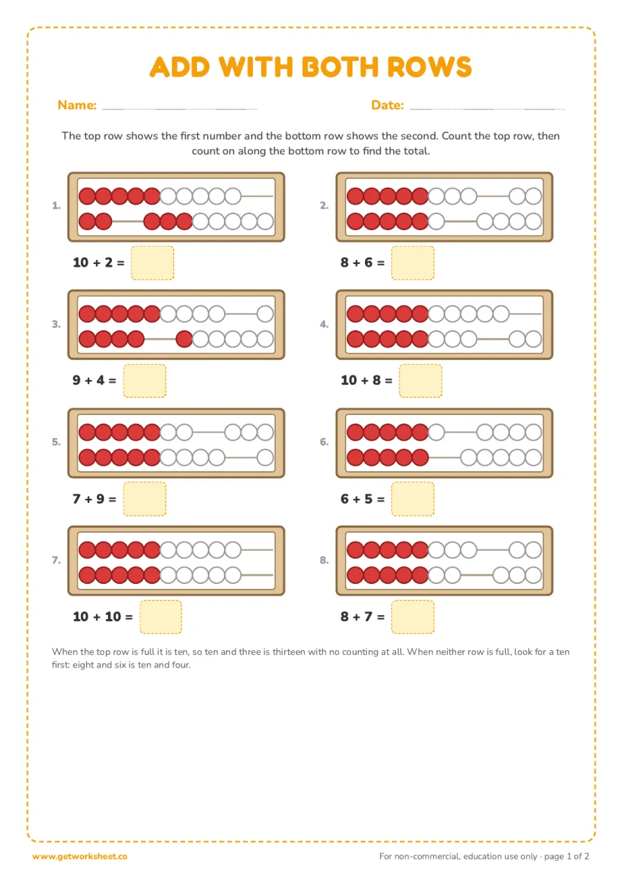 Addition within 20 using both rows (answer key) Addition within 20 using both rows (answer key) – free printable PDF worksheet, page 1 preview (7 free rekenrek worksheets)