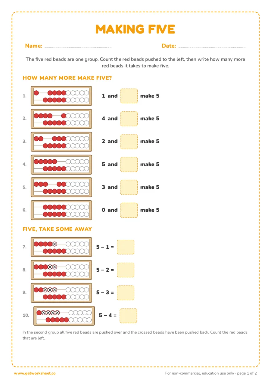 Making five on the rekenrek (answer key) Making five on the rekenrek (answer key) – free printable PDF worksheet, page 1 preview (7 free rekenrek worksheets)