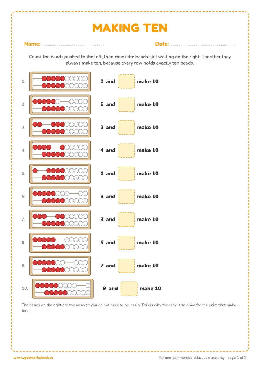 Making ten on the rekenrek (answer key) Making ten on the rekenrek (answer key) – free printable PDF worksheet, page 1 preview (7 free rekenrek worksheets)
