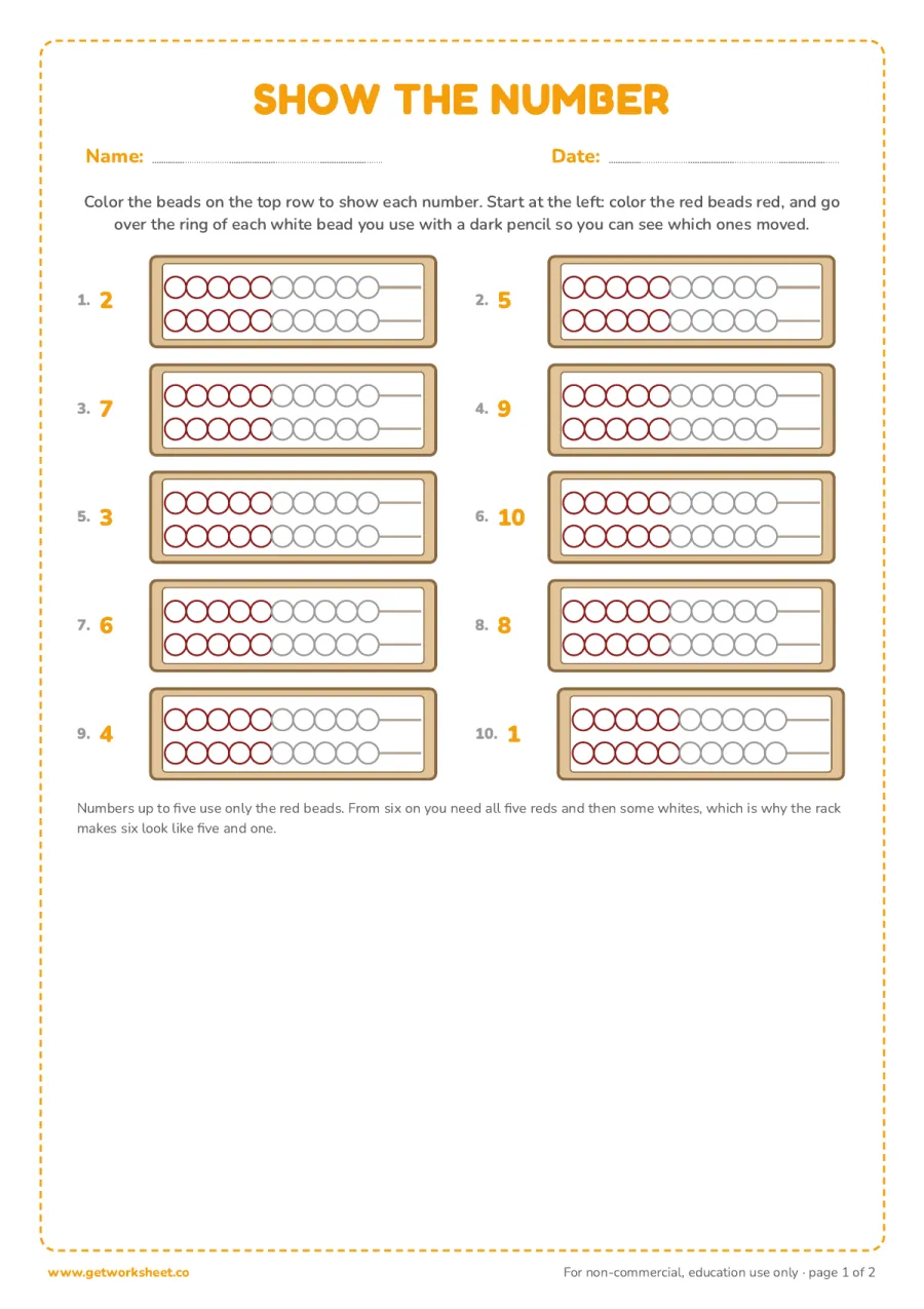 Show the number: color the beads (answer key) Show the number: color the beads (answer key) – free printable PDF worksheet, page 1 preview (7 free rekenrek worksheets)