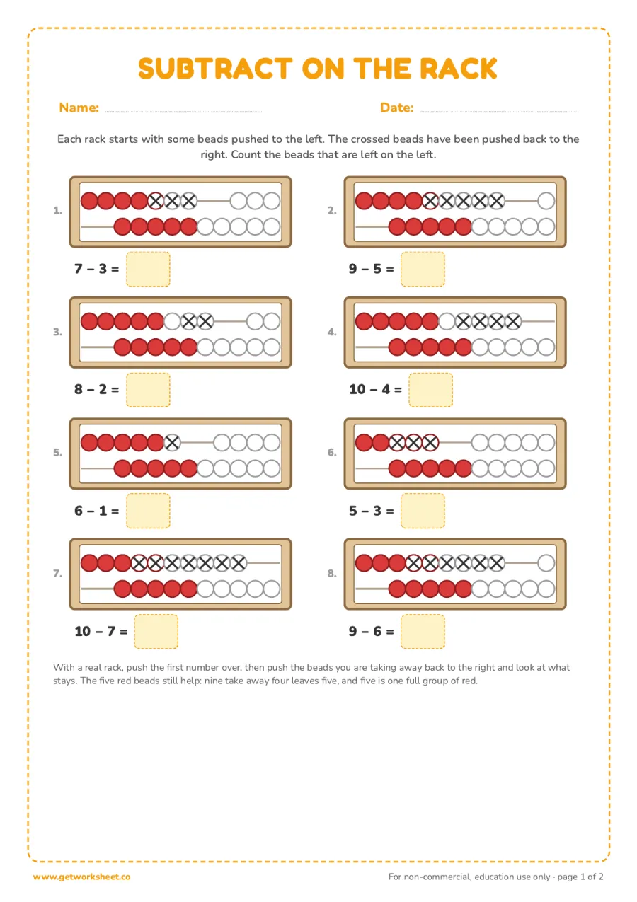 Subtraction on the rekenrek (answer key) Subtraction on the rekenrek (answer key) – free printable PDF worksheet, page 1 preview (7 free rekenrek worksheets)
