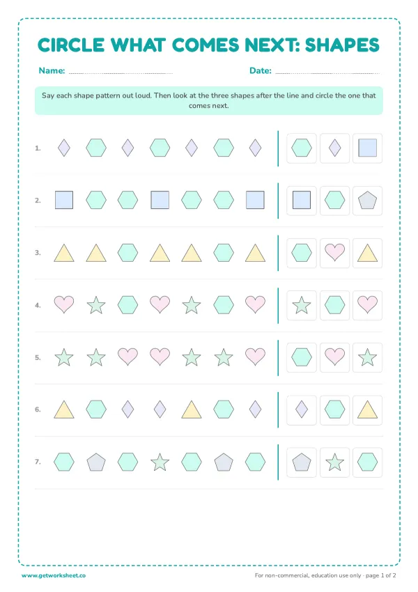 Circle what comes next: shapes, page 1 preview