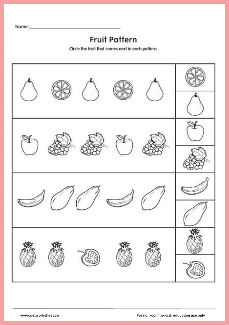 Repeating patterns: circle the next fruit – free printable PDF worksheet, page 1 preview (Free repeating patterns worksheets)