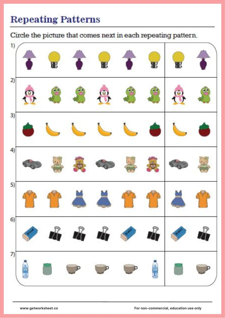Repeating patterns: circle what comes next, 7 rows – free printable PDF worksheet, page 1 preview (Free repeating patterns worksheets)
