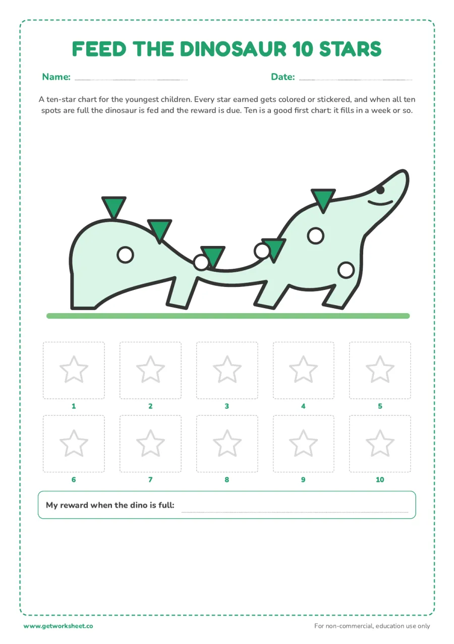 Feed the dinosaur: 10-star reward chart – free printable PDF worksheet, page 1 preview (8 free reward chart printables)
