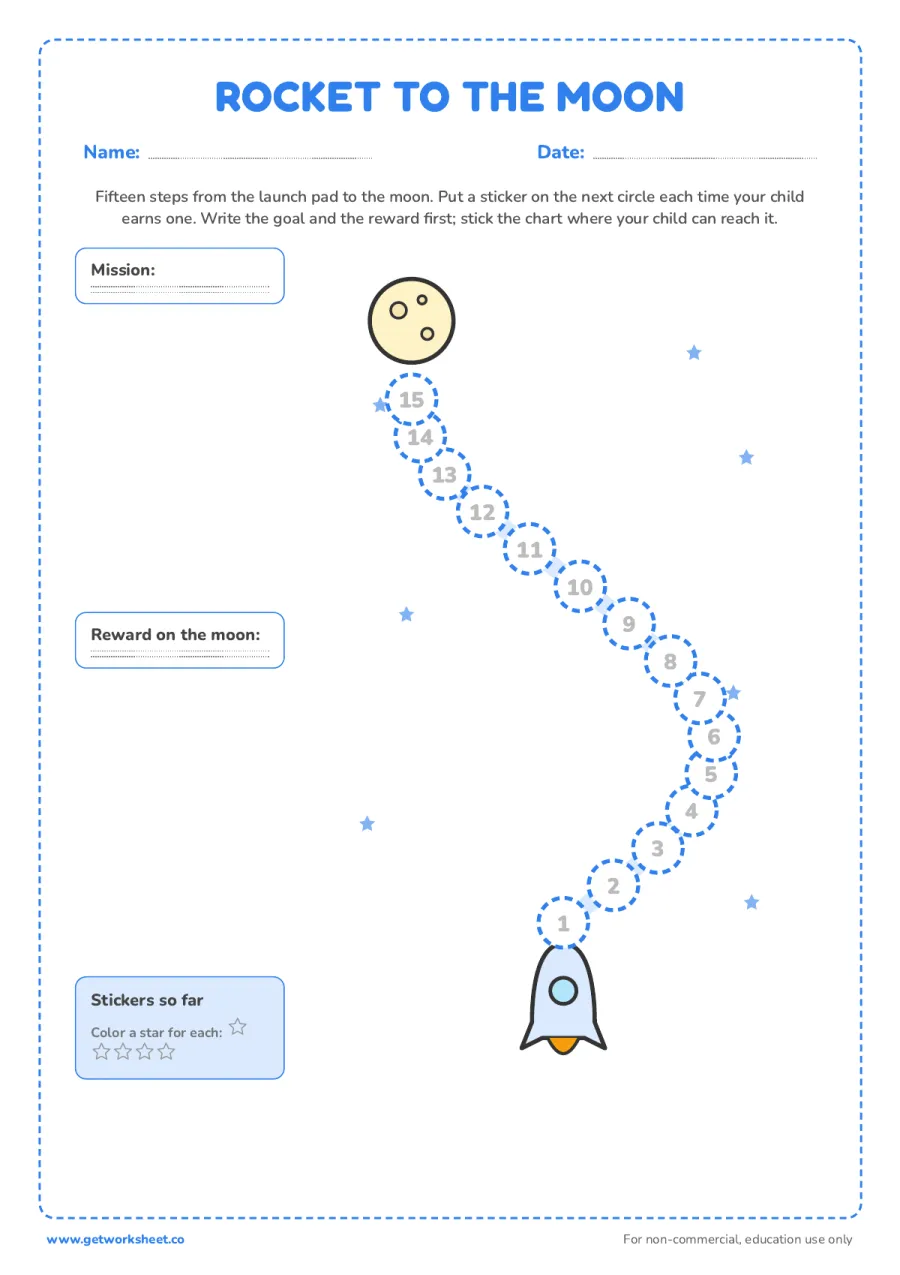 Rocket to the moon: 15-step reward chart – free printable PDF worksheet, page 1 preview (8 free reward chart printables)