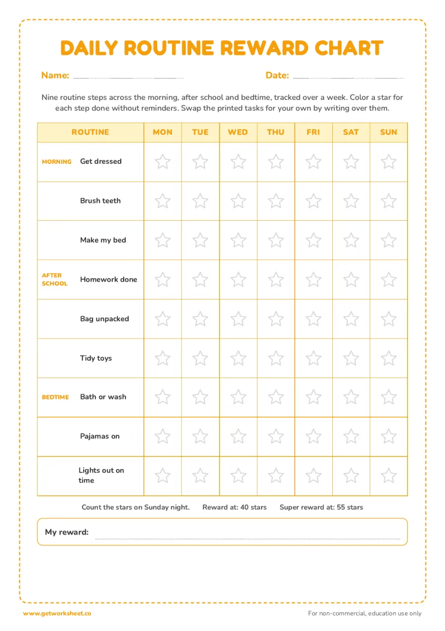Daily routine reward chart: morning, after school, bedtime – free printable PDF worksheet, page 1 preview (8 free reward chart printables)