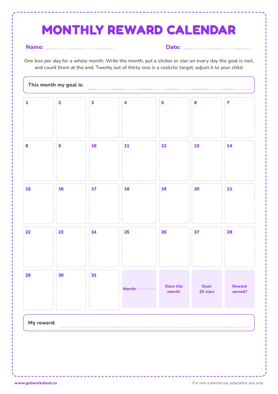Monthly reward calendar: 31 boxes – free printable PDF worksheet, page 1 preview (8 free reward chart printables)