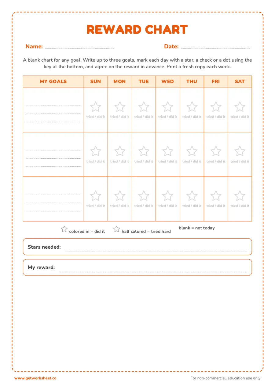 Blank reward chart with legend – free printable PDF worksheet, page 1 preview (8 free reward chart printables)
