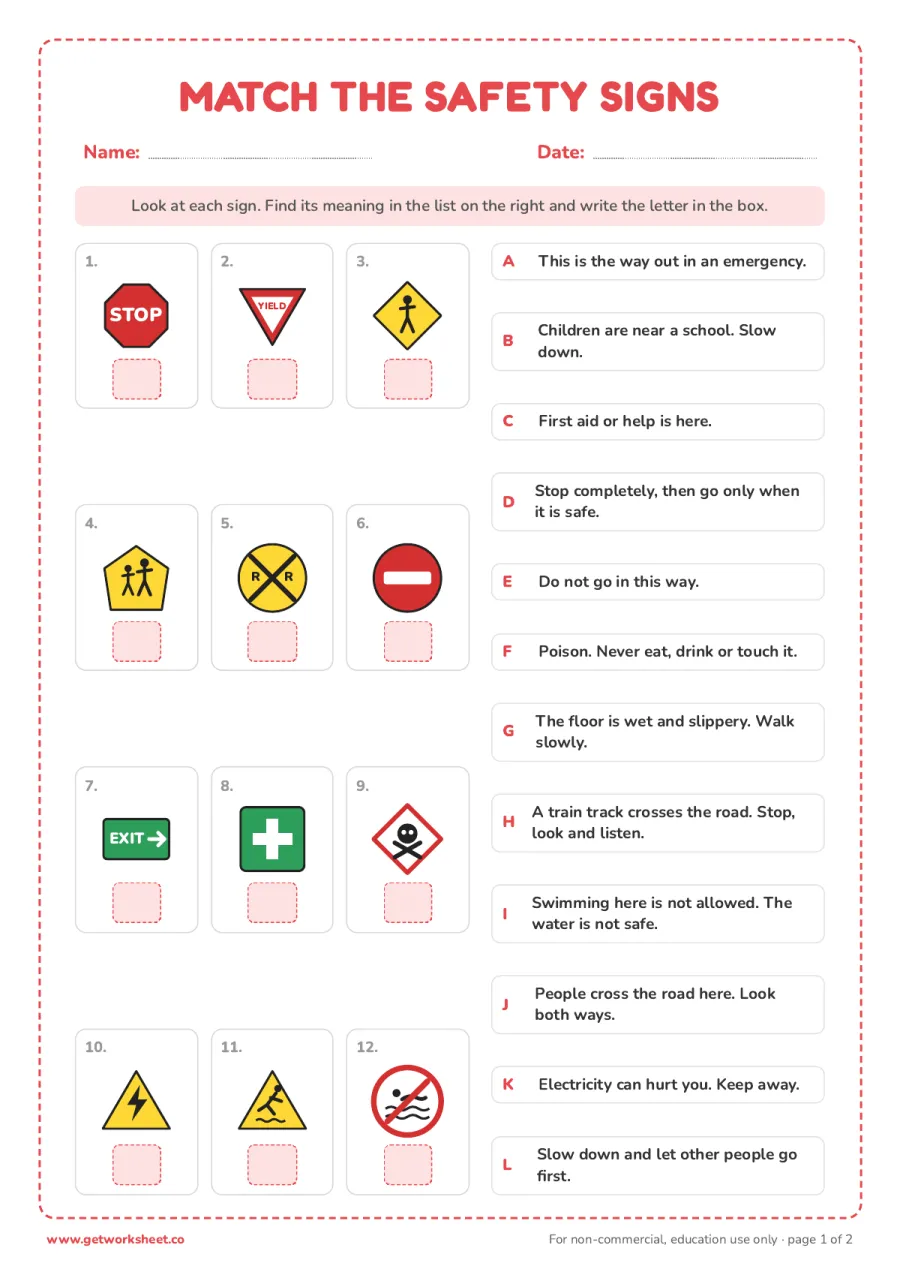 Match 12 safety signs to their meanings Match 12 safety signs to their meanings – free printable PDF worksheet, page 1 preview (7 free safety signs worksheets)