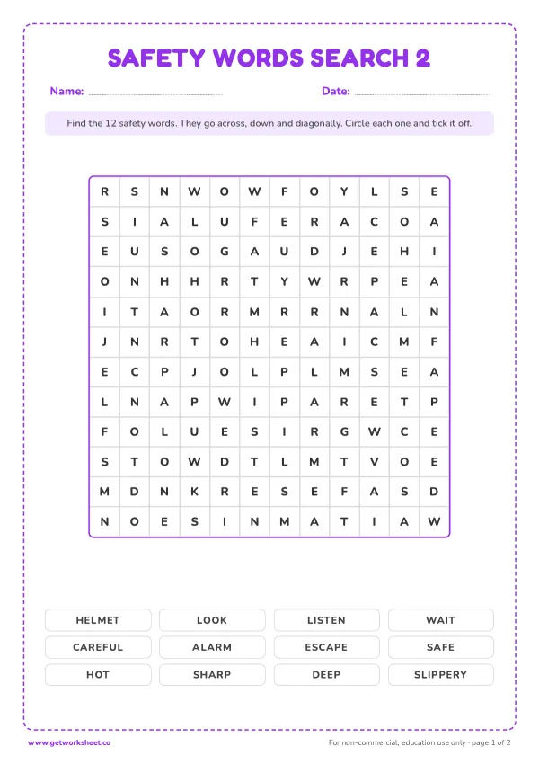 Safety words word search, set 2, page 1 preview