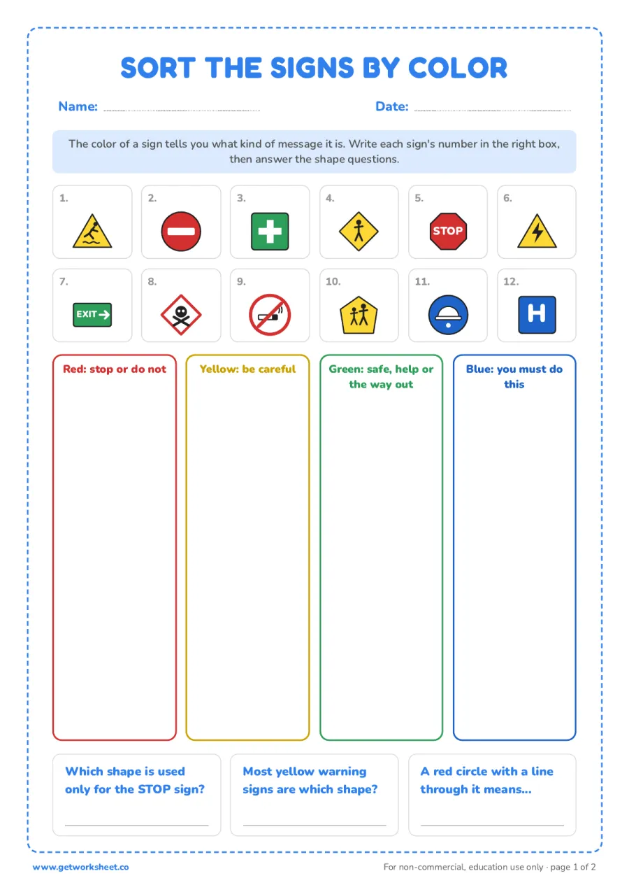 Sort the signs by color: red, yellow, green, blue Sort the signs by color: red, yellow, green, blue – free printable PDF worksheet, page 1 preview (7 free safety signs worksheets)