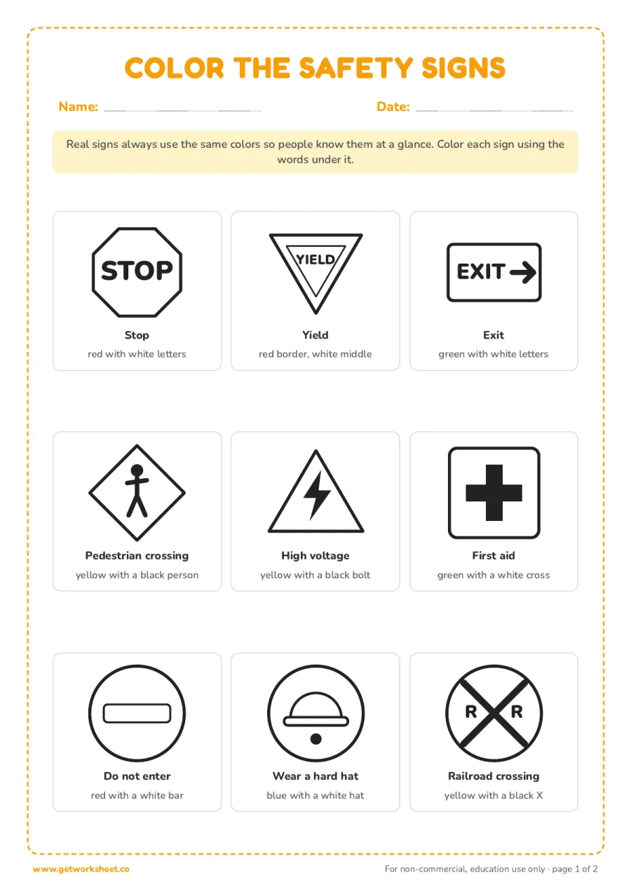 Color the safety signs the right colors Color the safety signs the right colors – free printable PDF worksheet, page 1 preview (7 free safety signs worksheets)