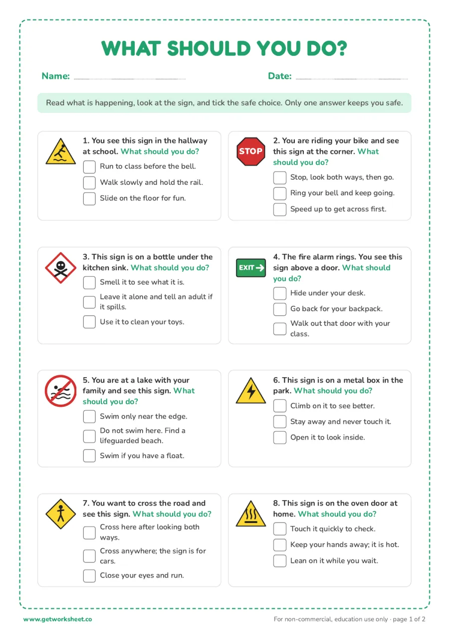 What should you do? 8 sign scenes What should you do? 8 sign scenes – free printable PDF worksheet, page 1 preview (7 free safety signs worksheets)