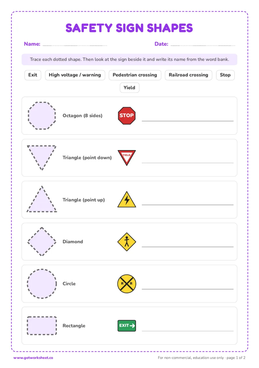 Sign shapes: trace and name Sign shapes: trace and name – free printable PDF worksheet, page 1 preview (7 free safety signs worksheets)