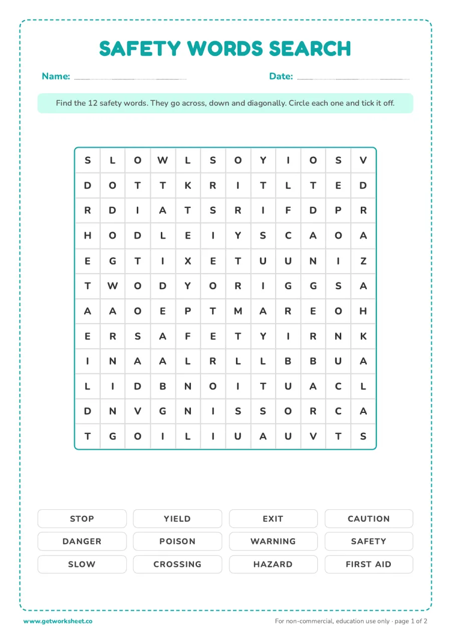 Safety words word search Safety words word search – free printable PDF worksheet, page 1 preview (7 free safety signs worksheets)