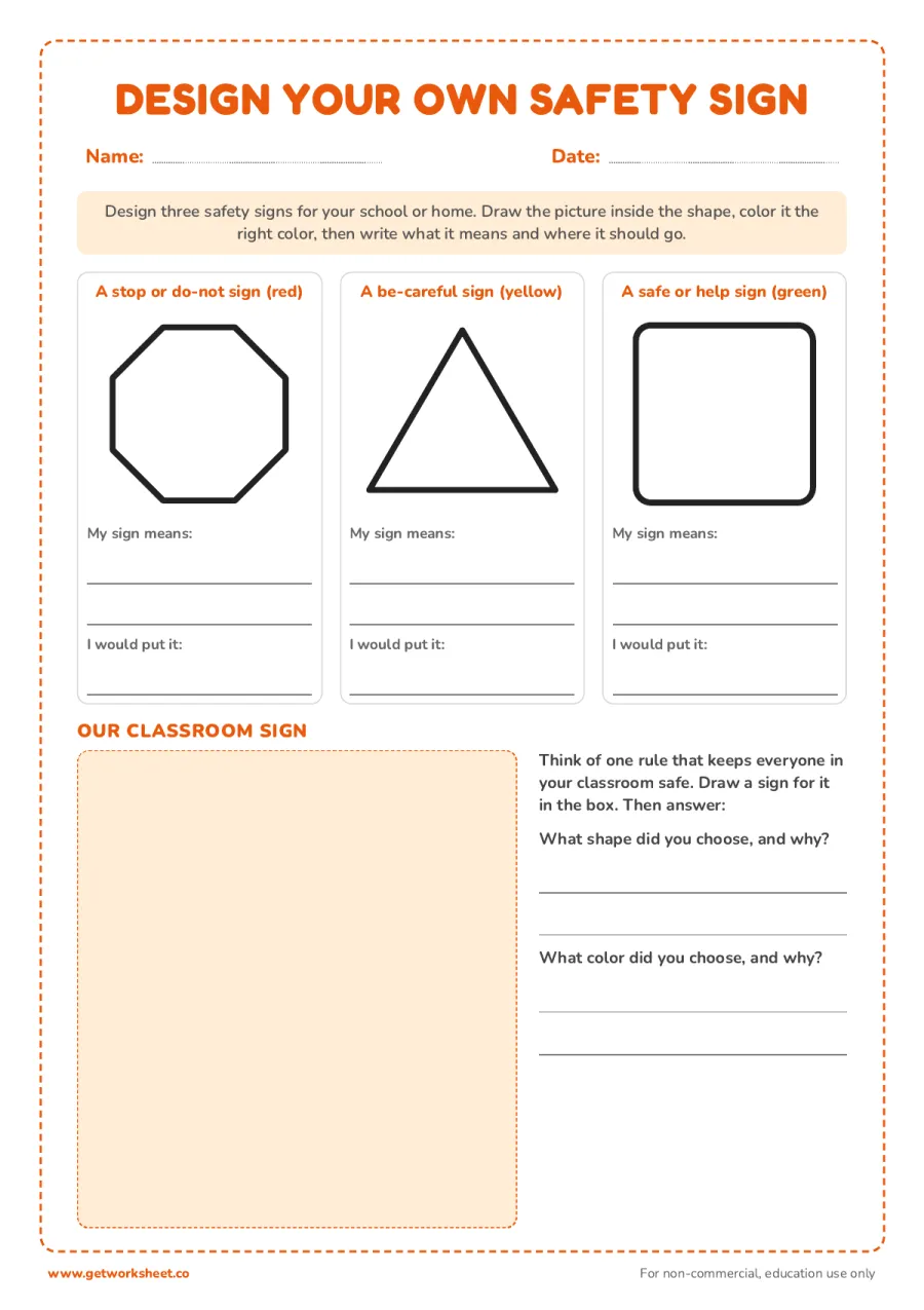 Design your own safety sign Design your own safety sign – free printable PDF worksheet, page 1 preview (7 free safety signs worksheets)