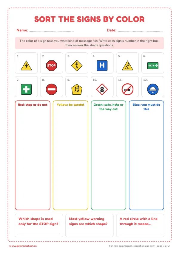 Sort the signs by color, set 2, page 1 preview