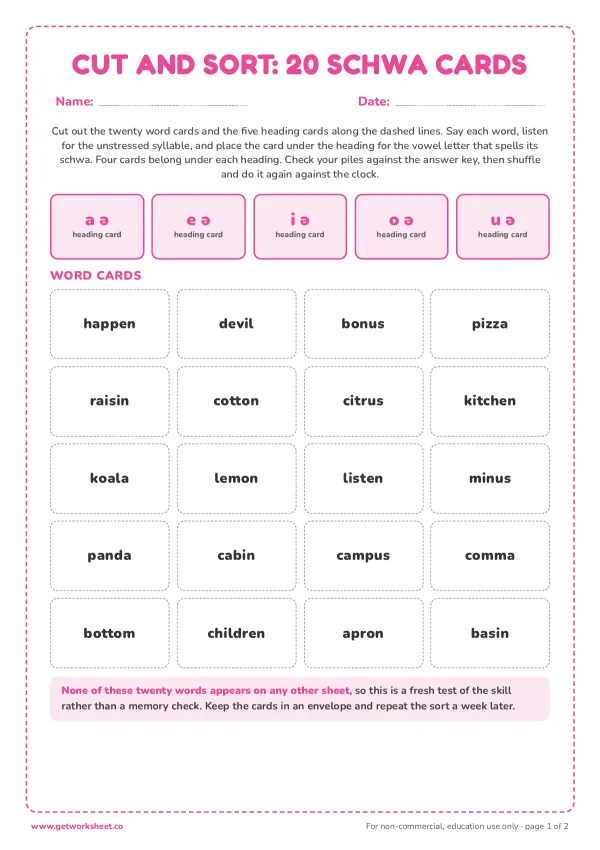 Cut and sort: 20 schwa word cards, page 1 preview