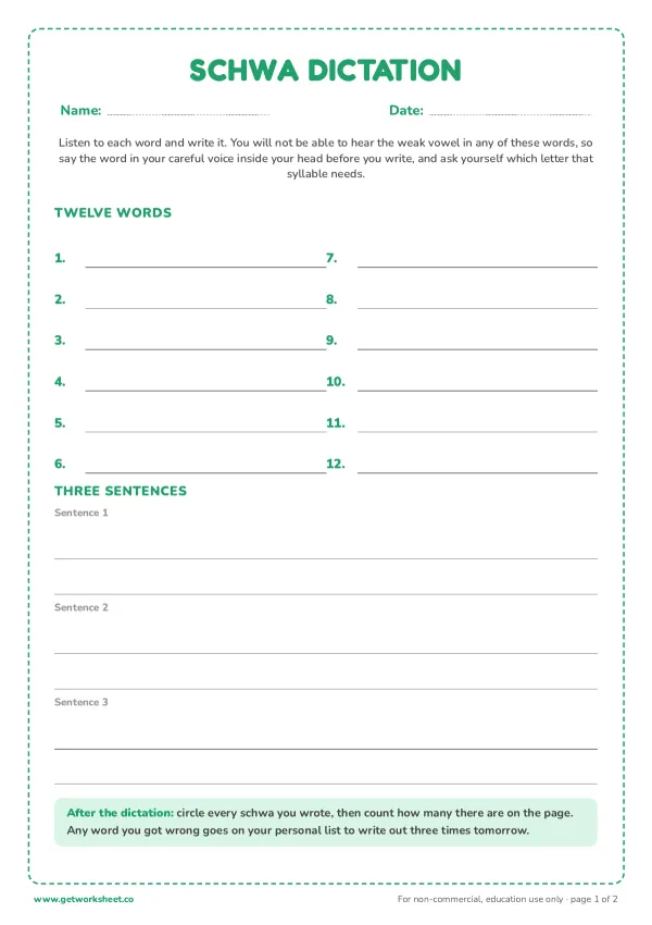 Schwa dictation: 12 words and 3 sentences, page 1 preview