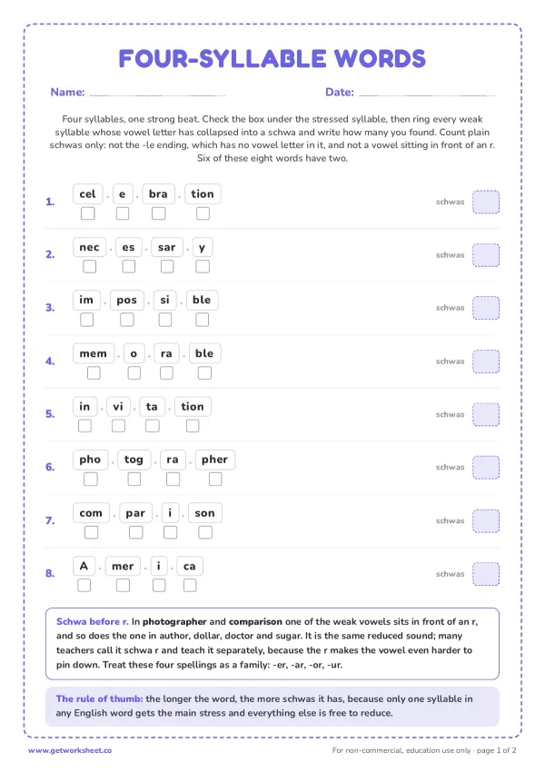 Four-syllable words with two schwas, page 1 preview