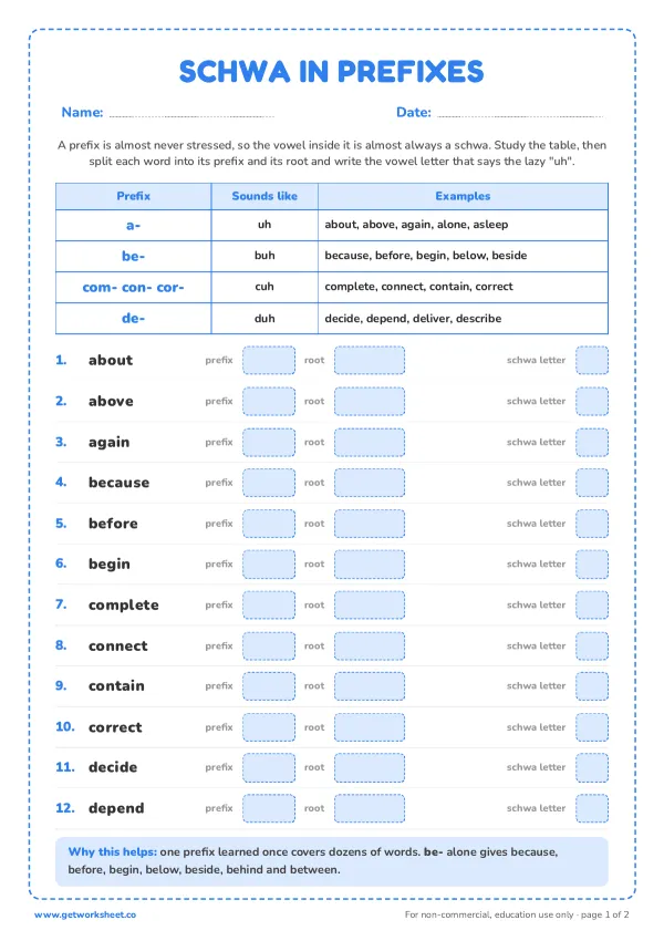 Schwa in prefixes: a-, be-, con-, de-, page 1 preview