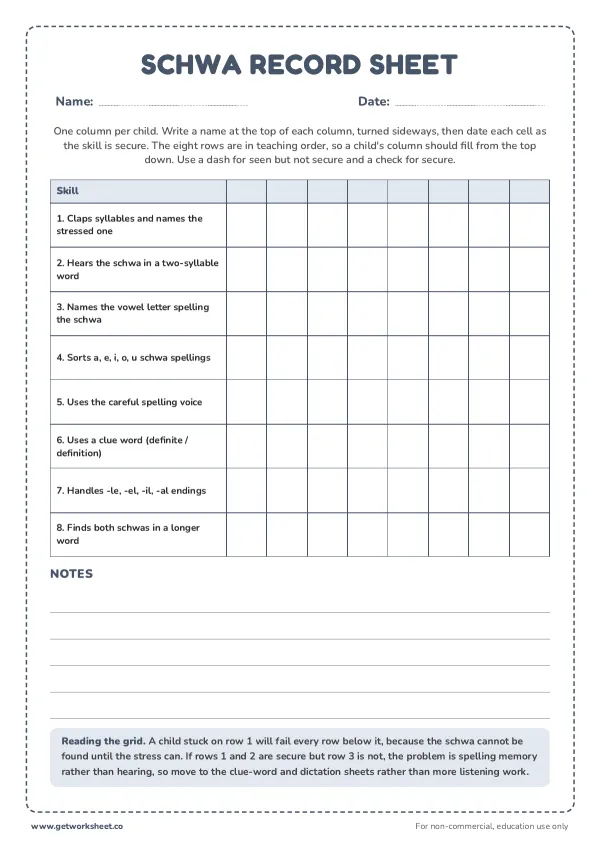 Schwa record sheet for a group, page 1 preview