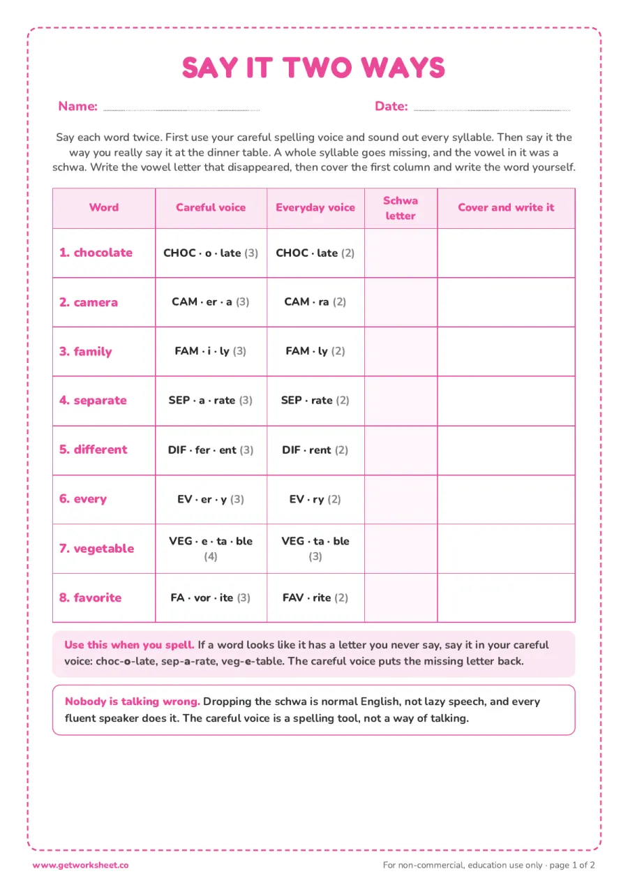 Say it two ways: the careful voice (8 words) – free printable PDF worksheet, page 1 preview (8 free schwa sound worksheets)