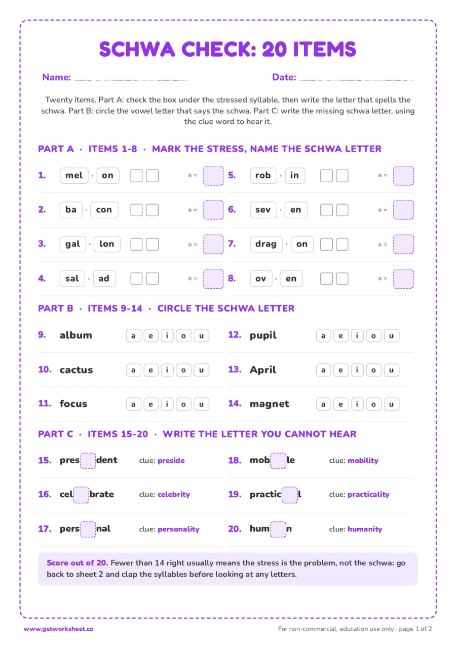 Schwa check: 20 items with answer key – free printable PDF worksheet, page 1 preview (8 free schwa sound worksheets)