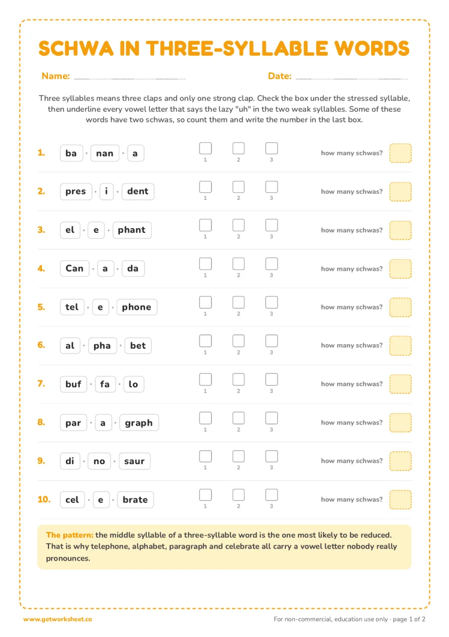Schwa in three-syllable words (10 words) – free printable PDF worksheet, page 1 preview (8 free schwa sound worksheets)