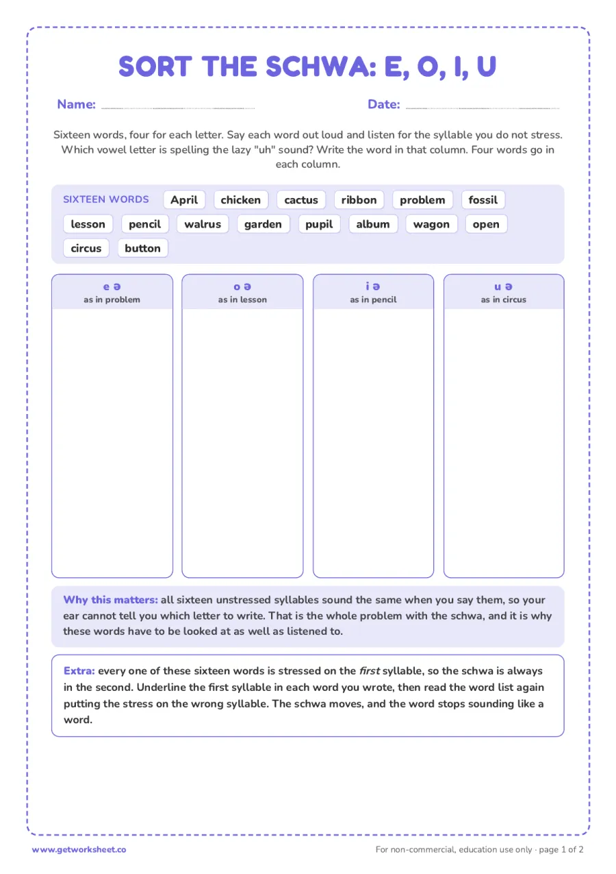 Sort the schwa: e, o, i, u (16 words) – free printable PDF worksheet, page 1 preview (8 free schwa sound worksheets)