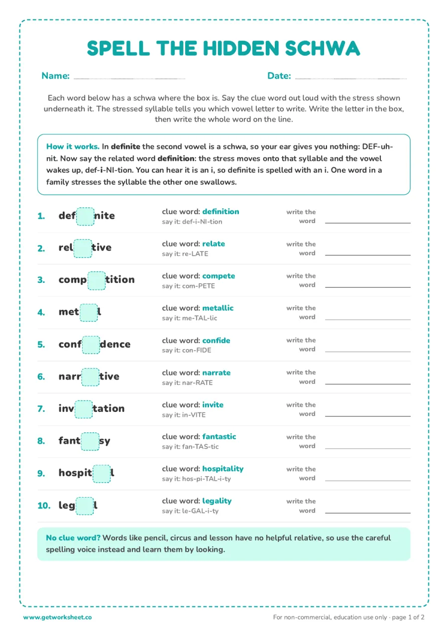 Spell a schwa you cannot hear (10 words) – free printable PDF worksheet, page 1 preview (8 free schwa sound worksheets)