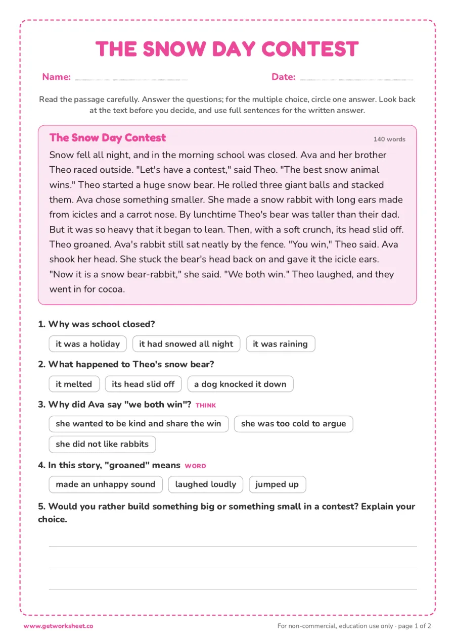The Snow Day Contest (story, 140 words) – free printable PDF worksheet, page 1 preview (8 free second grade reading comprehension worksheets)