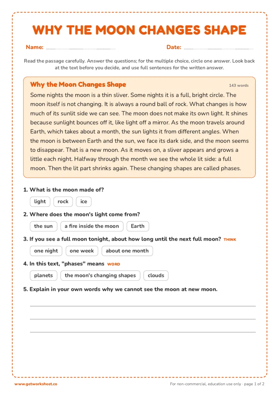 Why the Moon Changes Shape (nonfiction, 143 words) – free printable PDF worksheet, page 1 preview (8 free second grade reading comprehension worksheets)