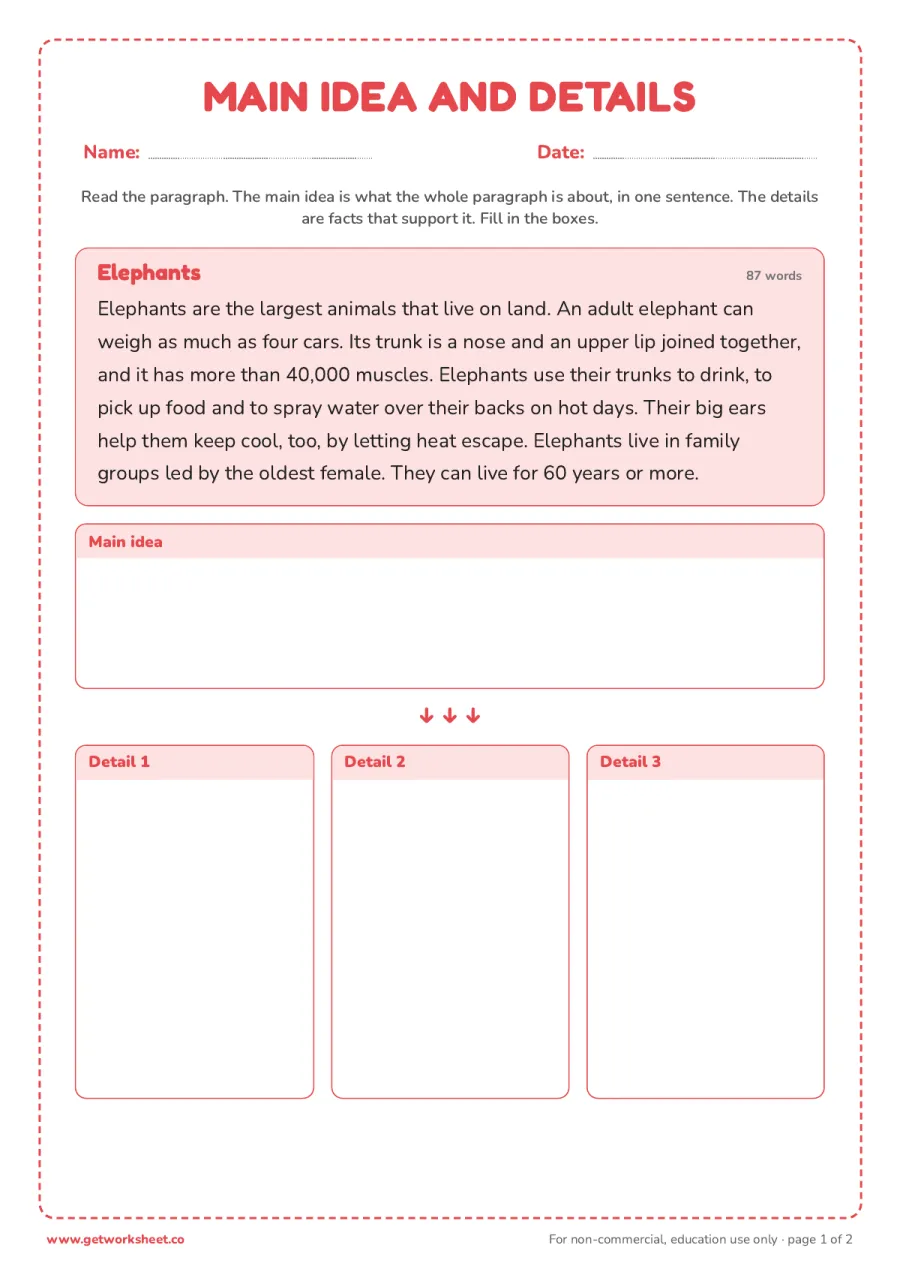 Main idea and details: Elephants – free printable PDF worksheet, page 1 preview (8 free second grade reading comprehension worksheets)