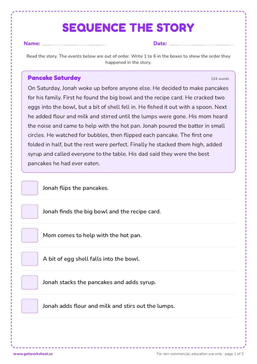 Sequence the story: Pancake Saturday – free printable PDF worksheet, page 1 preview (8 free second grade reading comprehension worksheets)