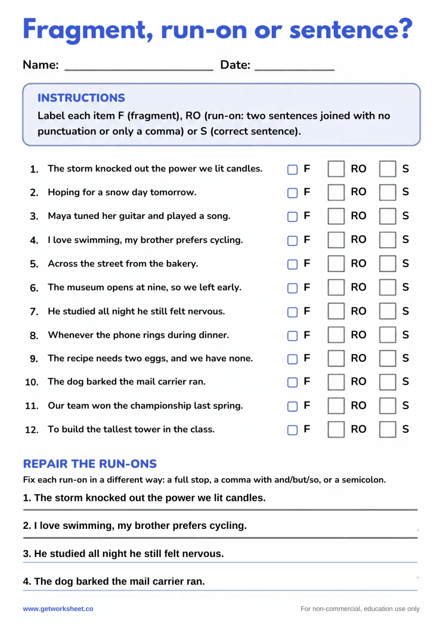 Fragment, run-on or sentence? (grades 5-6) – free printable PDF worksheet, page 1 preview (Free sentence fragments worksheets)