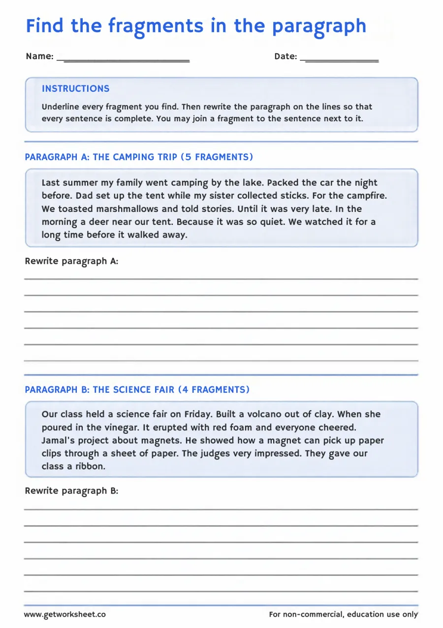 Find the fragments in the paragraph (editing task) – free printable PDF worksheet, page 1 preview (Free sentence fragments worksheets)