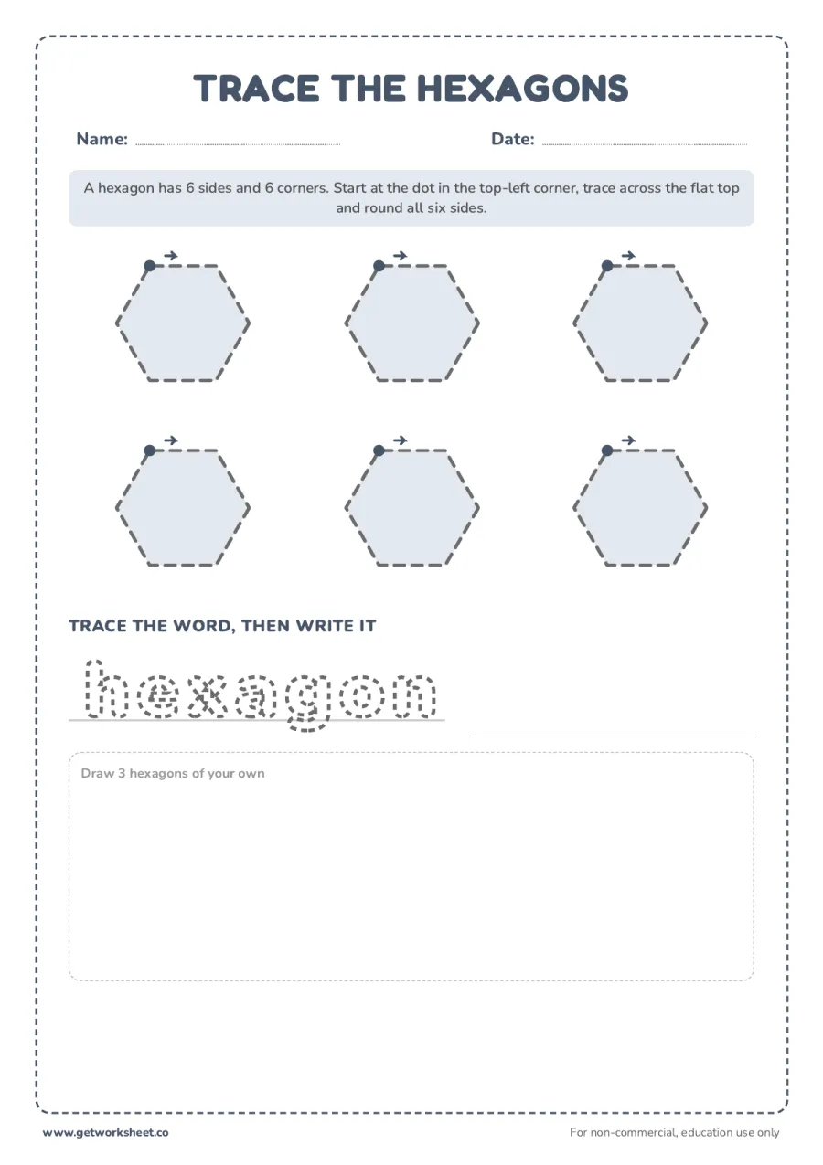 Trace the hexagons and write the word – free printable PDF worksheet, page 1 preview (13 free shape tracing worksheets)