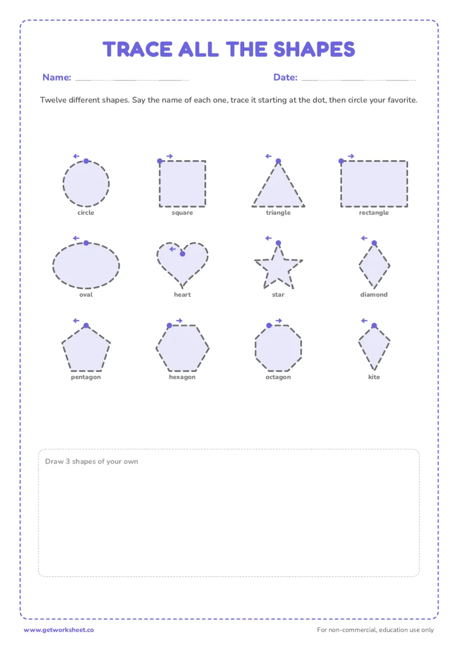 Trace all 12 shapes – free printable PDF worksheet, page 1 preview (13 free shape tracing worksheets)