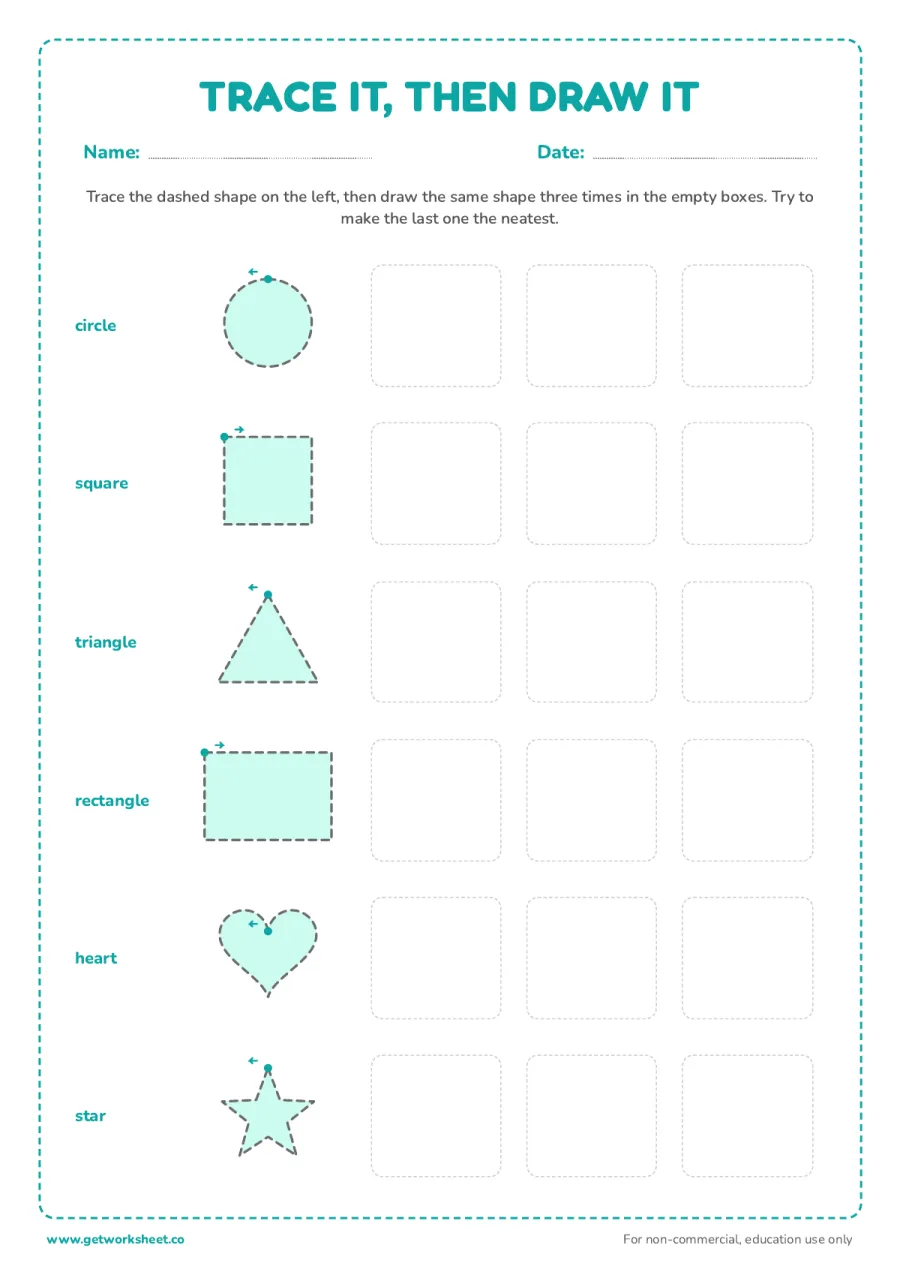 Trace it, then draw it – free printable PDF worksheet, page 1 preview (13 free shape tracing worksheets)