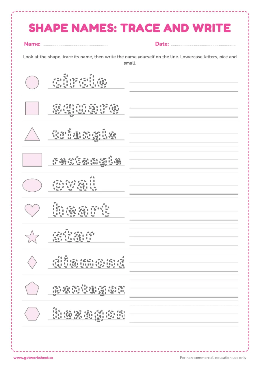 Shape names: trace and write – free printable PDF worksheet, page 1 preview (13 free shape tracing worksheets)