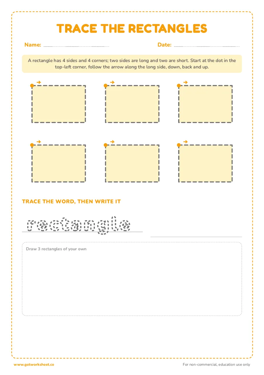 Trace the rectangles and write the word – free printable PDF worksheet, page 1 preview (13 free shape tracing worksheets)