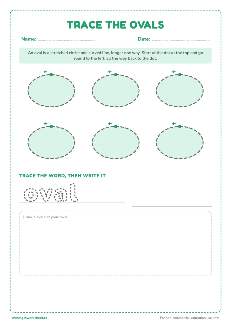 Trace the ovals and write the word – free printable PDF worksheet, page 1 preview (13 free shape tracing worksheets)