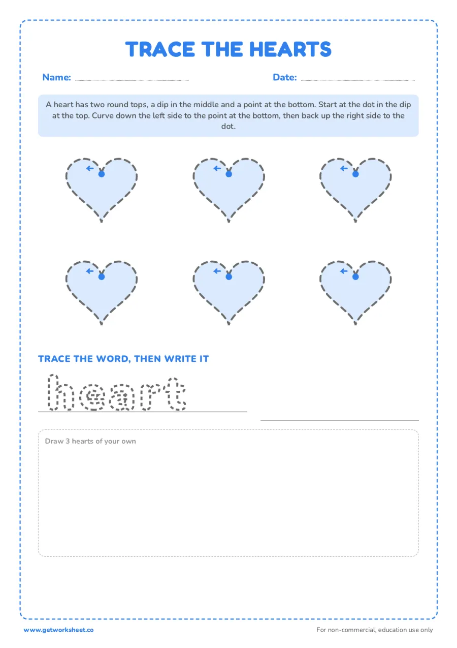 Trace the hearts and write the word – free printable PDF worksheet, page 1 preview (13 free shape tracing worksheets)