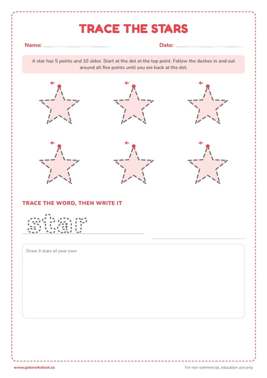 Trace the stars and write the word – free printable PDF worksheet, page 1 preview (13 free shape tracing worksheets)
