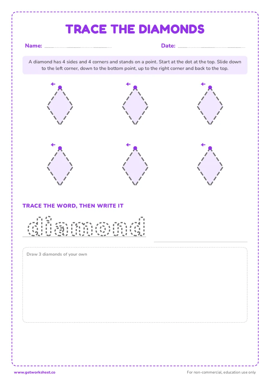 Trace the diamonds and write the word – free printable PDF worksheet, page 1 preview (13 free shape tracing worksheets)